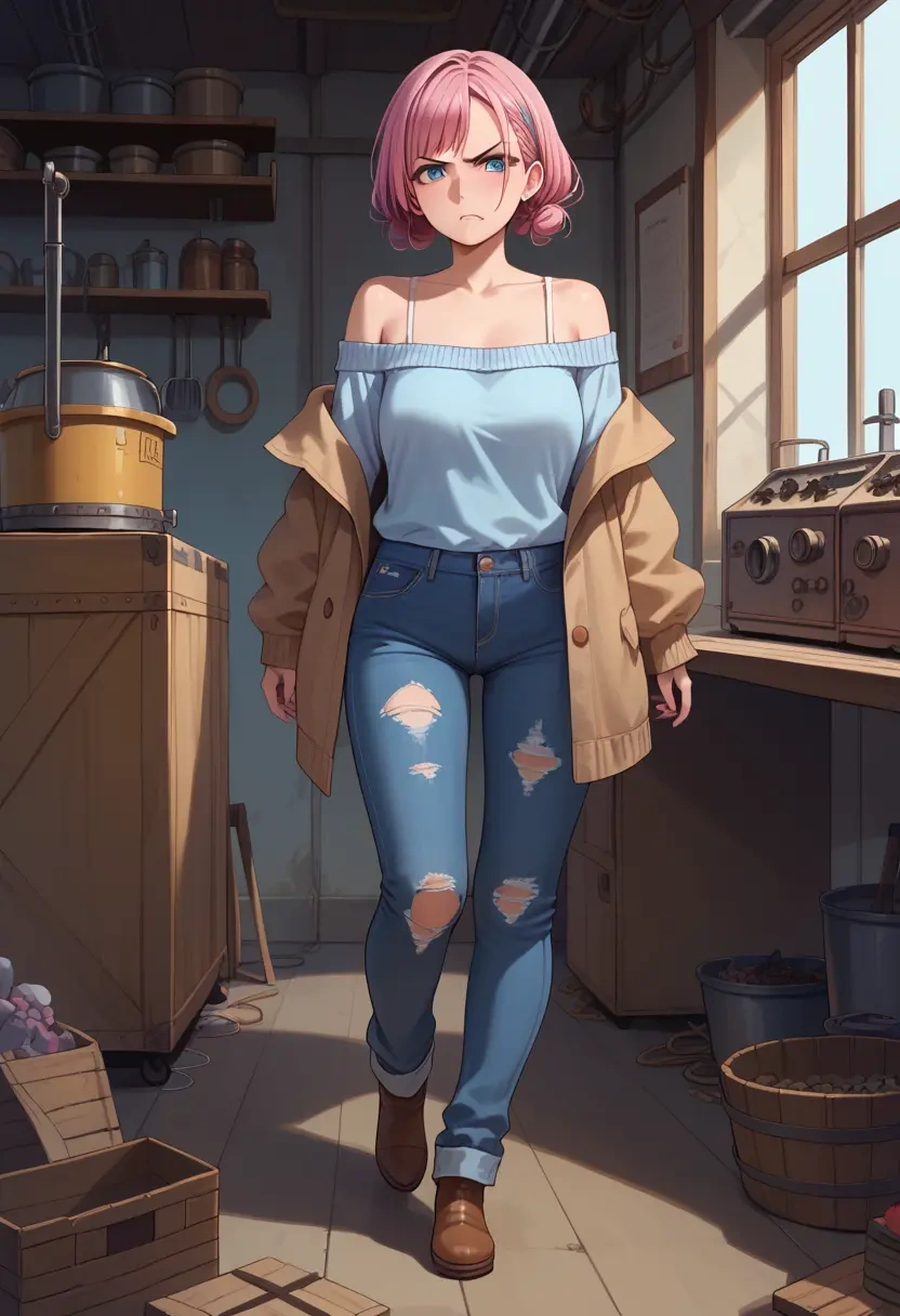 saki,haramura_nodoka,sweater,off-shoulder,ripped jeans  - 