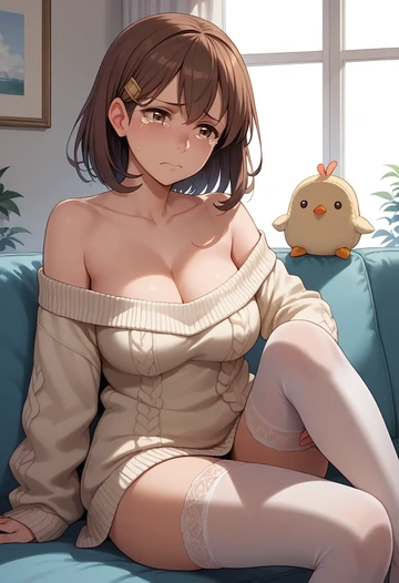 kantai_collection,haruna_(kancolle),Pouting ,Teary-eyed,off-shoulder,sweater  - AI generated anime art