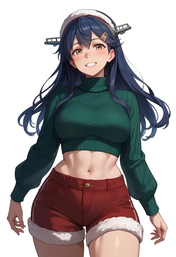 kantai_collection,haruna_(kancolle),Christmas,red velvet shorts,turtleneck sweater  - AI generated anime art