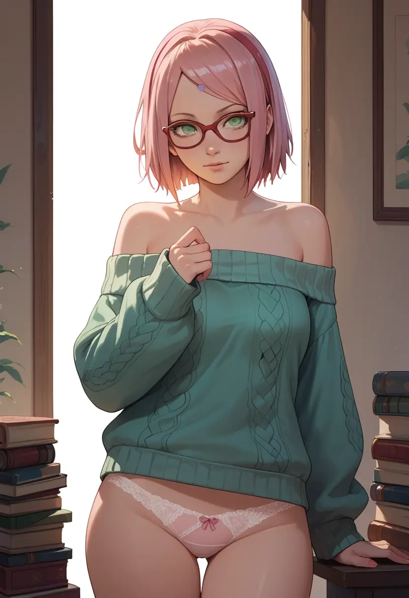 naruto_(series),haruno_sakura,off-shoulder,panties,glasses,sweater  - 