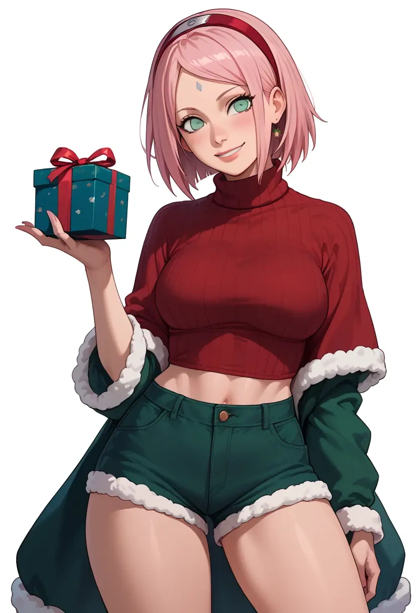 naruto_(series),haruno_sakura,Christmas,red velvet shorts,turtleneck sweater  - 