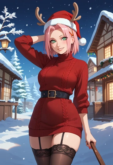 naruto_(series),haruno_sakura,sweater,stockings,Thigh garters  - AI generated anime art