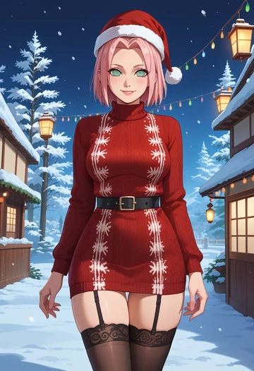 naruto_(series),haruno_sakura,sweater,stockings,Thigh garters  - AI generated anime art