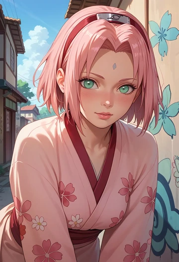 naruto_(series),haruno_sakura,floral graffiti blouse,dolphin shorts  - AI generated anime art