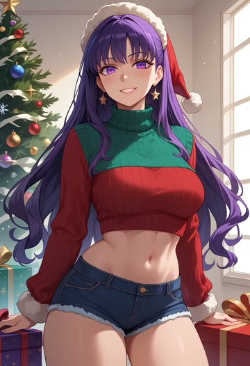 fate_(series),hassan_of_serenity_(fate),Christmas,red velvet shorts,turtleneck sweater  - AI generated anime art