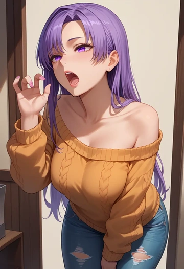 fate_(series),hassan_of_serenity_(fate),sweater,off-shoulder,ripped jeans  - AI generated anime art