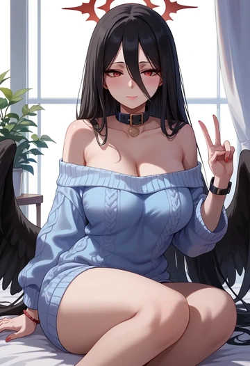 blue_archive,hasumi_(blue_archive),blushing,collar,peace sign,off-shoulder,sweater  - AI generated anime art