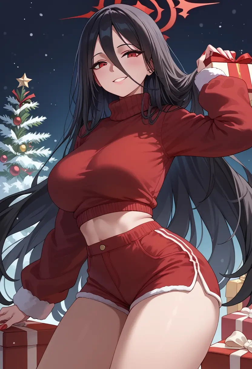 blue_archive,hasumi_(blue_archive),Christmas,red velvet shorts,turtleneck sweater  - 