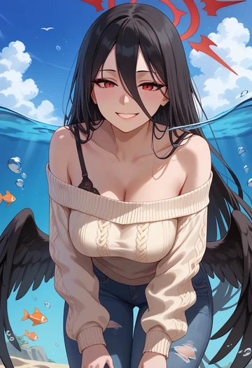 blue_archive,hasumi_(blue_archive),sweater,off-shoulder,ripped jeans  - AI generated anime art