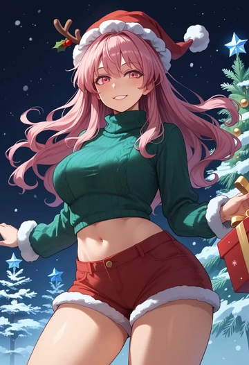 touhou,hata_no_kokoro,Christmas,red velvet shorts,turtleneck sweater  - AI generated anime art