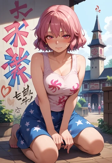 touhou,hata_no_kokoro,abstract graffiti tank,dolphin shorts  - AI generated anime art