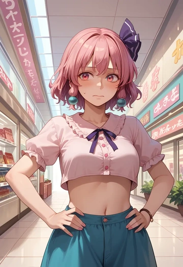 touhou,hata_no_kokoro,crop top,loose joggers,headset  - AI generated anime art