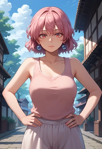 touhou,hata_no_kokoro,tank top,mesh,cycling shorts  - AI generated anime art