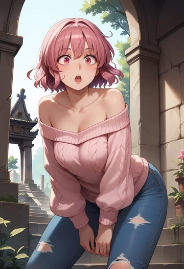 touhou,hata_no_kokoro,sweater,off-shoulder,ripped jeans  - AI generated anime art