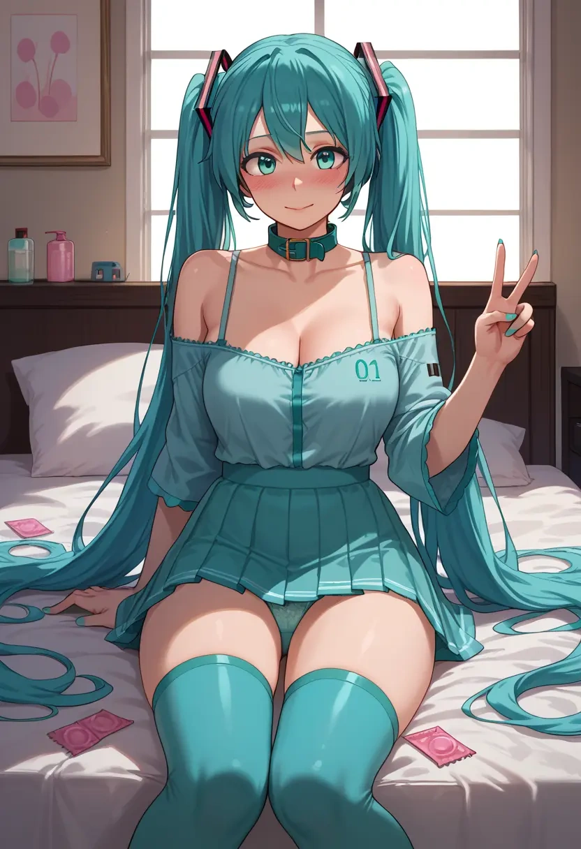 vocaloid,hatsune_miku_(append),blushing,collar, peace sign, condom,mini skirt,Thigh garters  - 