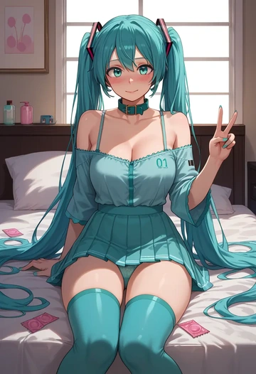 vocaloid,hatsune_miku_(append),blushing,collar, peace sign, condom,mini skirt,Thigh garters  - AI generated anime art