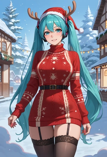 vocaloid,hatsune_miku_(append),sweater,stockings,Thigh garters  - AI generated anime art