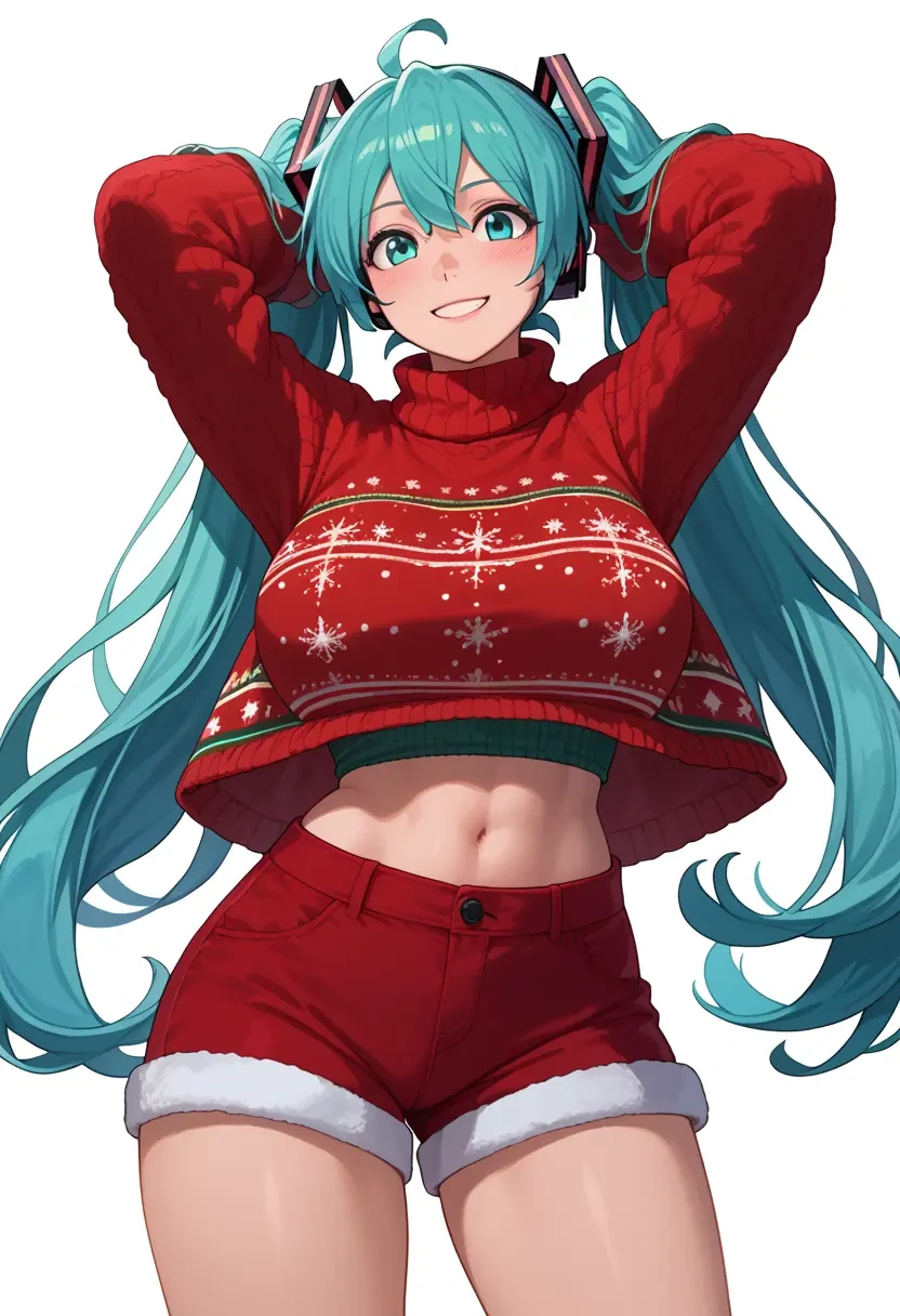 vocaloid,hatsune_miku_(append),Christmas,red velvet shorts,turtleneck sweater  - 