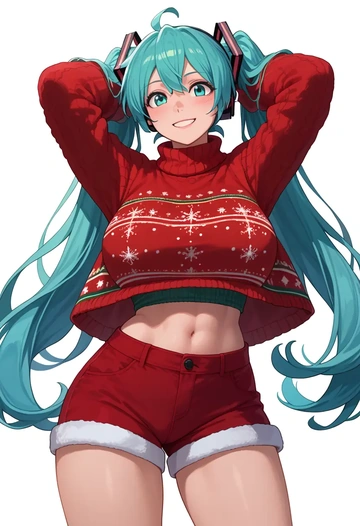 vocaloid,hatsune_miku_(append),Christmas,red velvet shorts,turtleneck sweater  - AI generated anime art