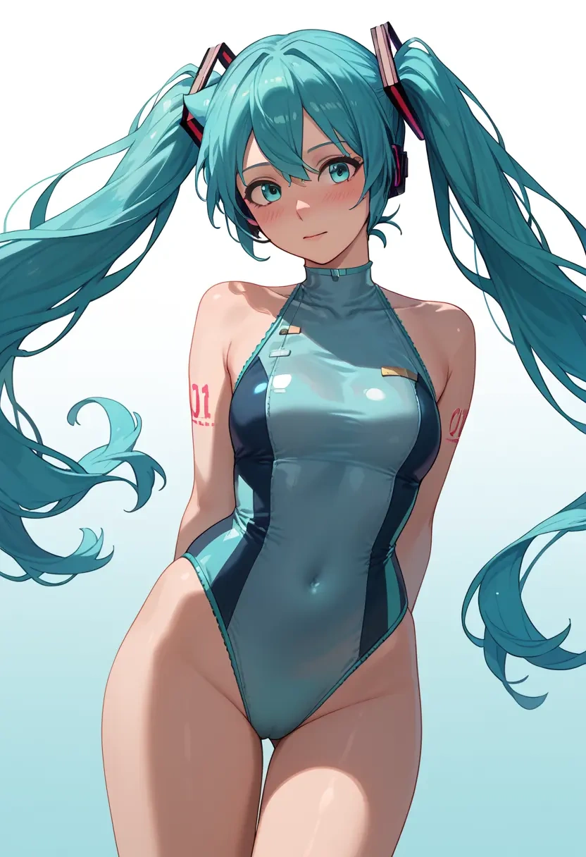 vocaloid,hatsune_miku_(append),racerback swimsuit,striped trim,name tag patch  - 