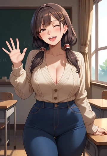 kantai_collection,hatsuyuki_(kancolle),teacher, sweater, jeans shorts  - AI generated anime art