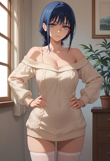 chainsaw_man,hayakawa_aki,Hands on hips,off-shoulder,sweater,stockings  - AI generated anime art