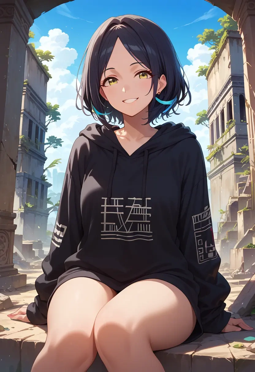 idolmaster,hayami_kanade,oversized graphic hoodie,thigh-high socks,shorts  - 