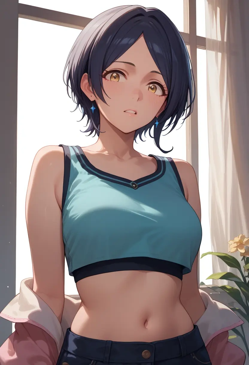 idolmaster,hayami_kanade,crop top,loose joggers,headset  - 