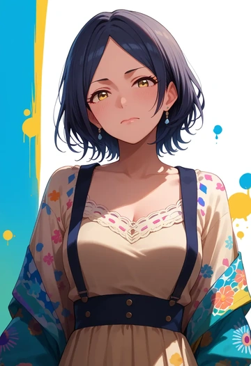 idolmaster,hayami_kanade,paint-splatter blouse,dolphin shorts  - AI generated anime art