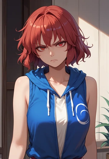 touhou,hecatia_lapislazuli,sleeveless hoodie,biker shorts  - AI generated anime art