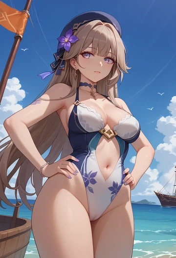 star rail,herta,swimsuit,floral print  - AI generated anime art