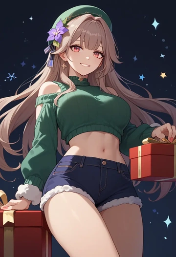 star rail,herta,Christmas,red velvet shorts,turtleneck sweater  - AI generated anime art