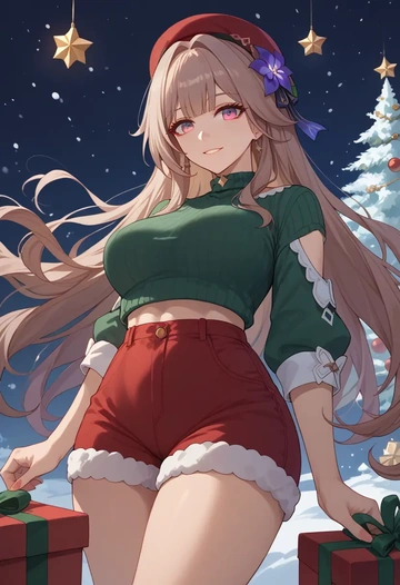 star rail,herta,Christmas,red velvet shorts,turtleneck sweater  - AI generated anime art