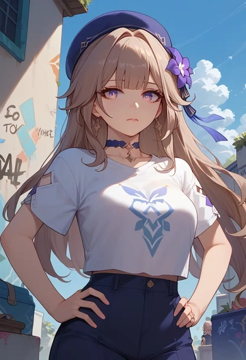 star rail,herta,crop graffiti tee,dolphin shorts  - AI generated anime art