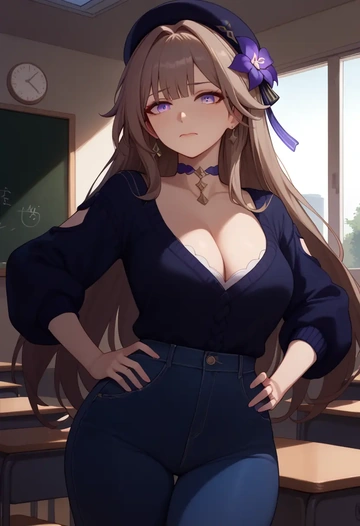 star rail,herta,teacher, sweater, jeans shorts  - AI generated anime art