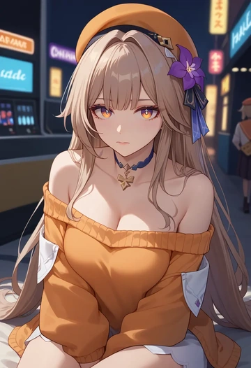 star rail,herta,orange,sweater,choker  - AI generated anime art