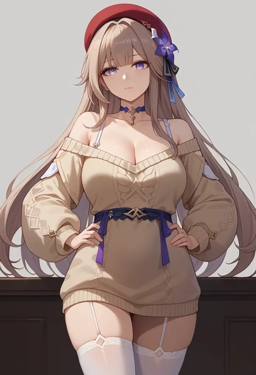 star rail,herta,Hands on hips,off-shoulder,sweater,stockings  - AI generated anime art