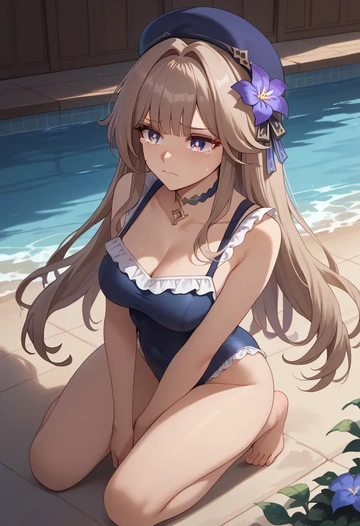 star rail,herta,retro style swimsuit,frilled neckline,bow detail  - AI generated anime art