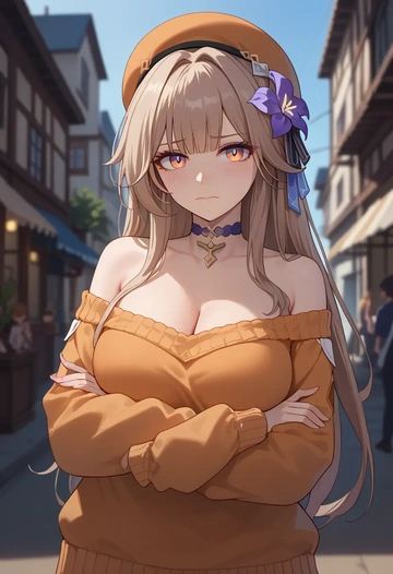 star rail,herta,orange,sweater,choker  - AI generated anime art