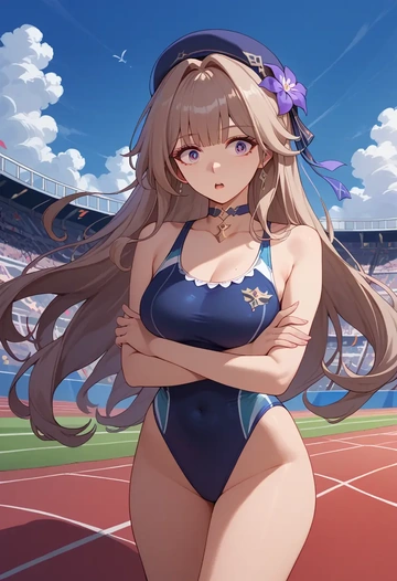 star rail,herta,retro style swimsuit,frilled neckline,bow detail  - AI generated anime art