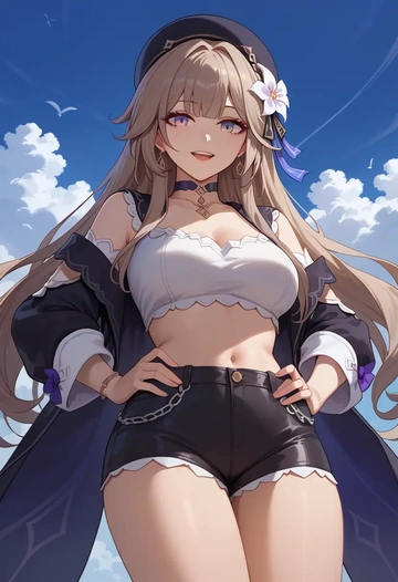 star rail,herta,leather,shorts,crop top  - AI generated anime art