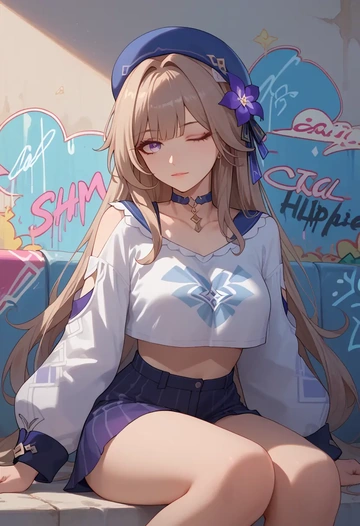 star rail,herta,cropped graffiti sweatshirt,dolphin shorts  - AI generated anime art