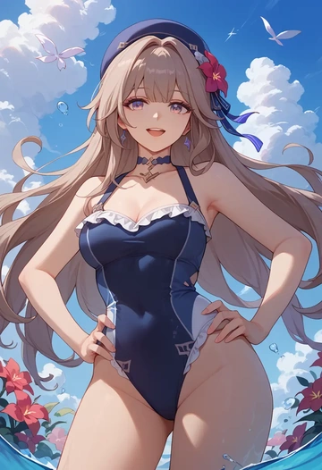 star rail,herta,retro style swimsuit,frilled neckline,bow detail  - AI generated anime art