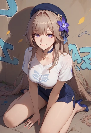 star rail,herta,crop graffiti tee,dolphin shorts  - AI generated anime art