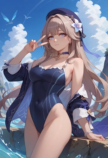 star rail,herta,racerback swimsuit,striped trim,name tag patch  - AI generated anime art