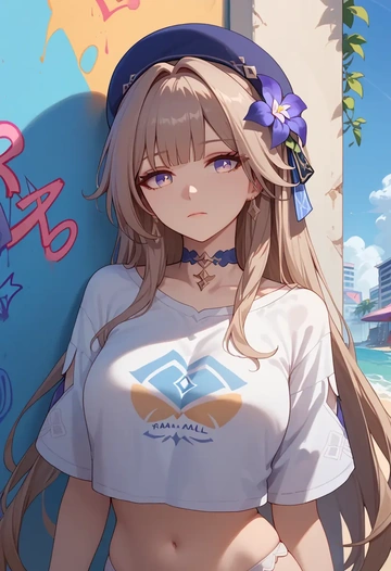 star rail,herta,cropped graffiti sweatshirt,dolphin shorts  - AI generated anime art