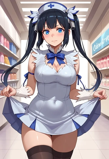 dungeon_ni_deai_wo_motomeru_no_wa_machigatteiru_darou_ka,hestia_(danmachi),nurse pantyhose,mini skirt, sexy  - AI generated anime art