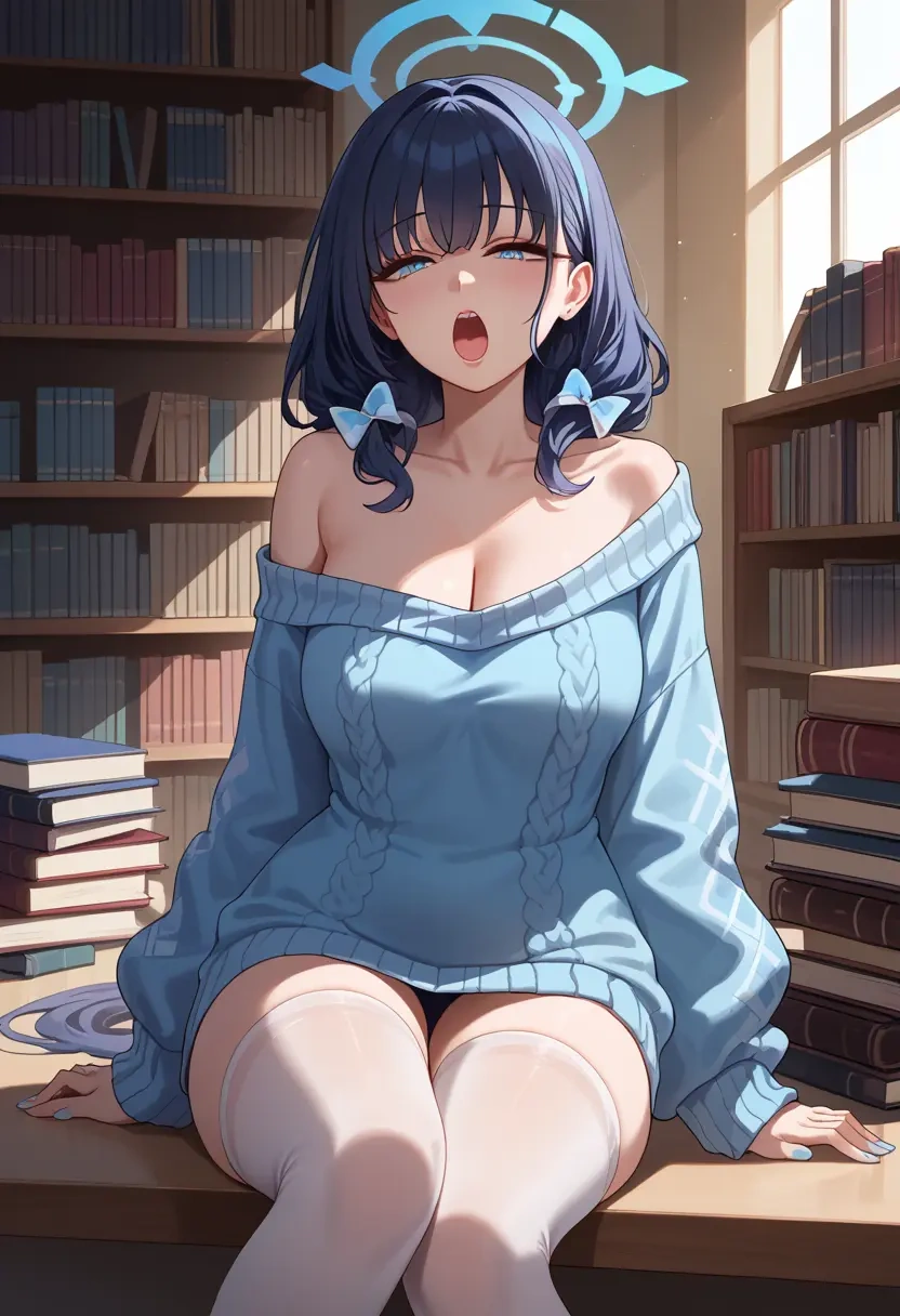 blue_archive,hibiki_(cheer_squad)_(blue_archive),Yawning,off-shoulder,sweater,stockings  - 