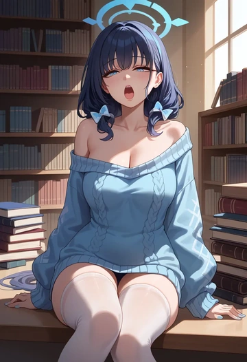 blue_archive,hibiki_(cheer_squad)_(blue_archive),Yawning,off-shoulder,sweater,stockings  - AI generated anime art