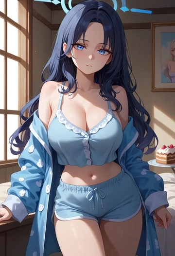 blue_archive,hibiki_(cheer_squad)_(blue_archive),pajamas, low-waisted shorts  - AI generated anime art